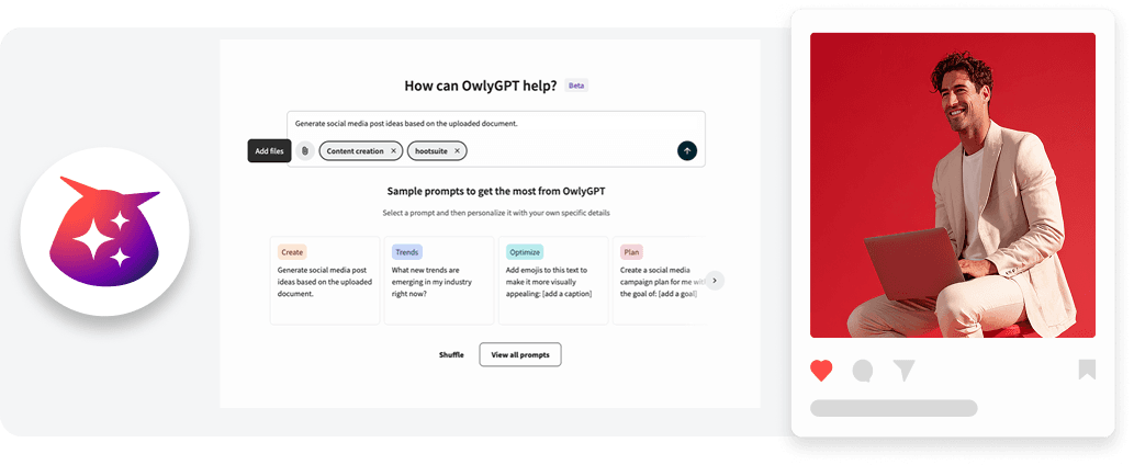 Screenshot of OwlyGPT interface showing sample AI prompts and features with a colorful owl logo against a white background