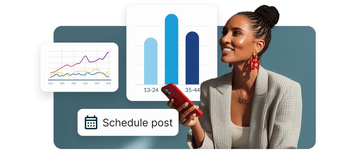 Professional woman in blazer using phone next to analytics graphs and schedule post button, representing social media management