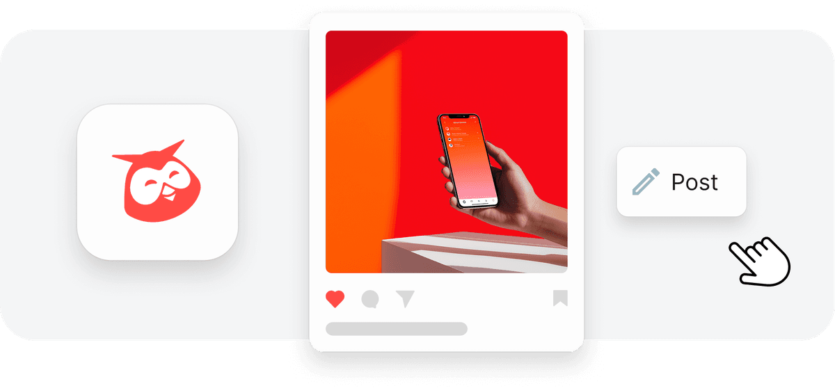 Hand holding smartphone displaying social media app interface with red unicorn logo against vibrant red-orange gradient background