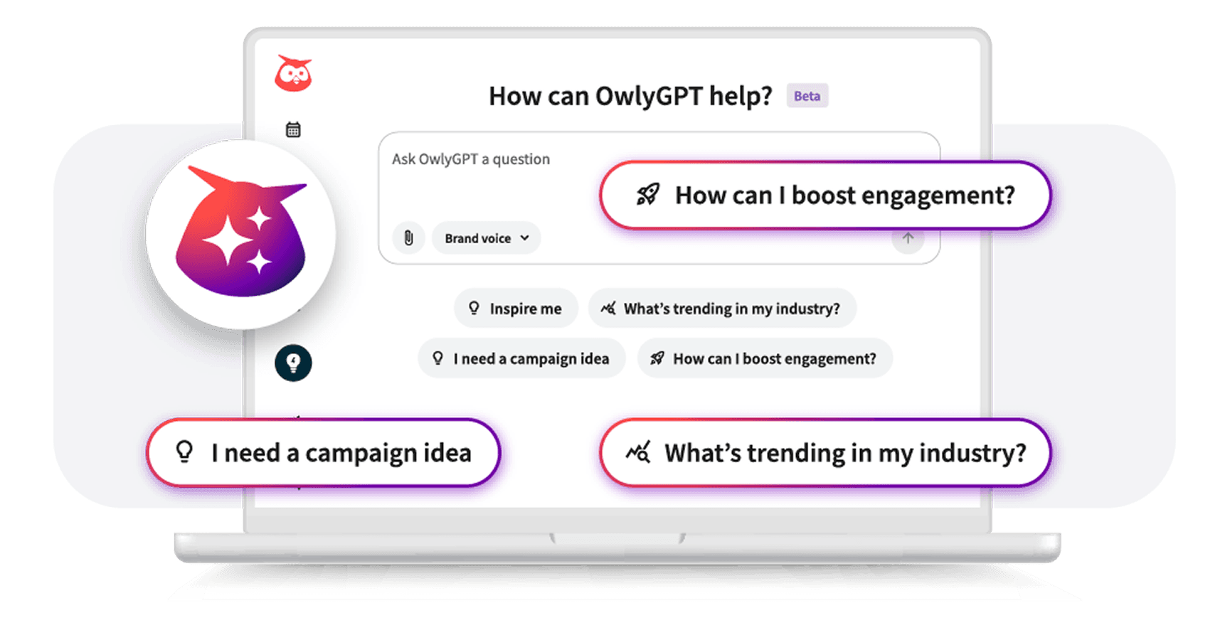 AI chatbot interface showing menu options for campaign ideas, industry trends, and engagement tips with purple owl logo