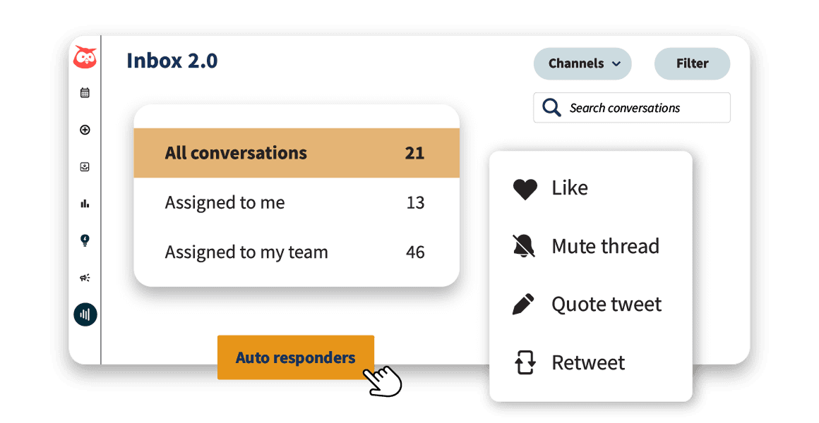 Social media management interface showing inbox stats and engagement options like Like, Mute, Quote and Retweet buttons