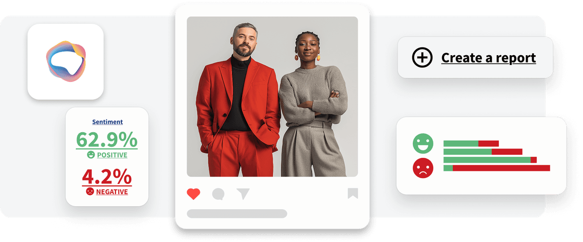 Two professionals stand side by side against a gray background, one wearing a red suit and black turtleneck, the other in gray knitwear.