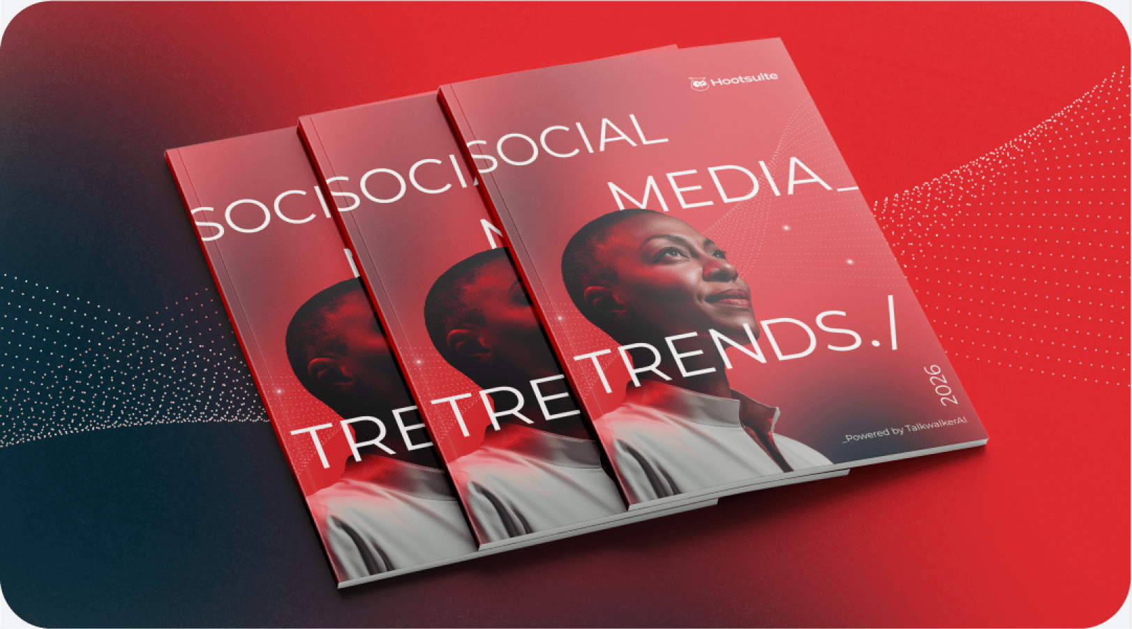 Stacked Hootsuite Social Media Trends reports with red gradient background and profile silhouette design elements